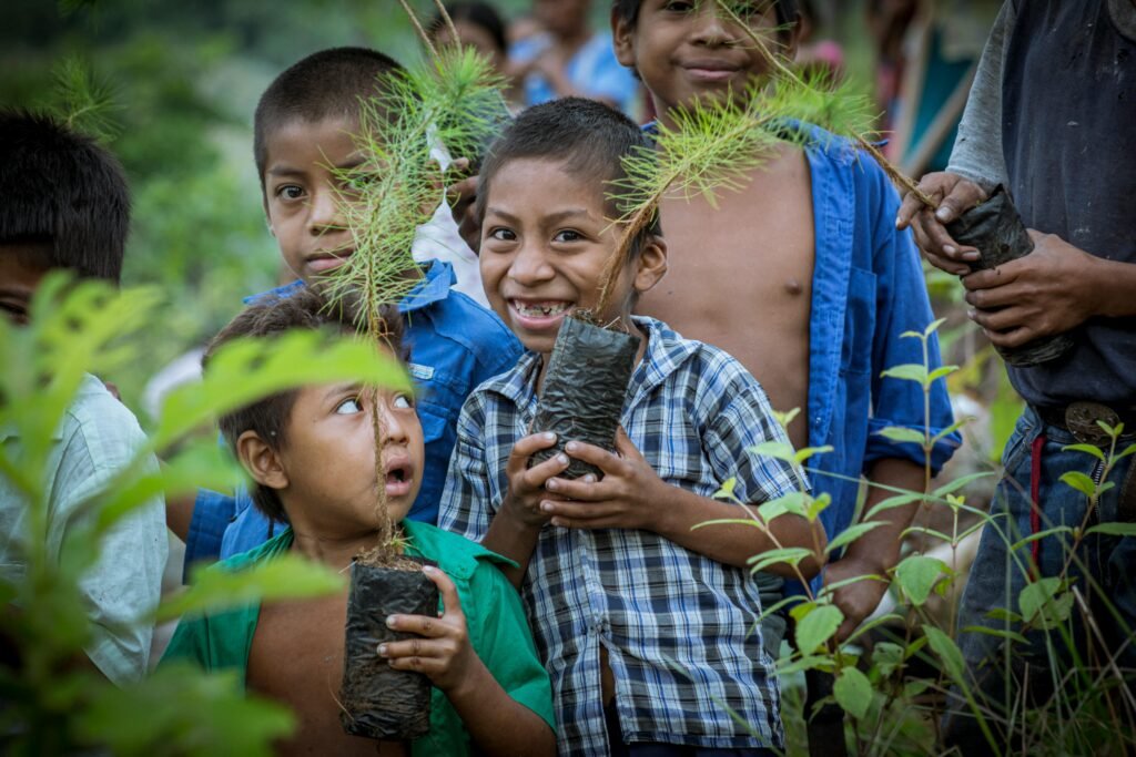 Children joyfully planting seedlings in lush Guatemalan forest, embracing green initiatives.